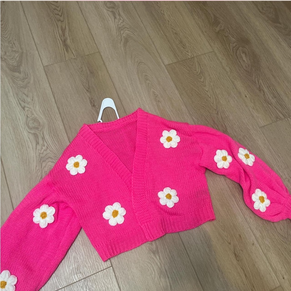 Pink Cardigan with Daisy Embroidery